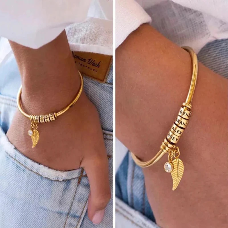 Personalized Name Beads Custom Bracelet With Leaf Birthstone