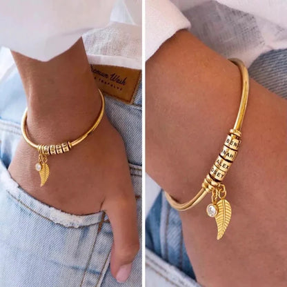 Personalized Name Beads Custom Bracelet With Leaf Birthstone